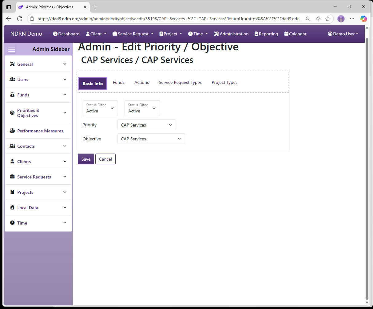 Screenshot of Priorities & Objectives Priorities & Objectives Form Basic Info tab