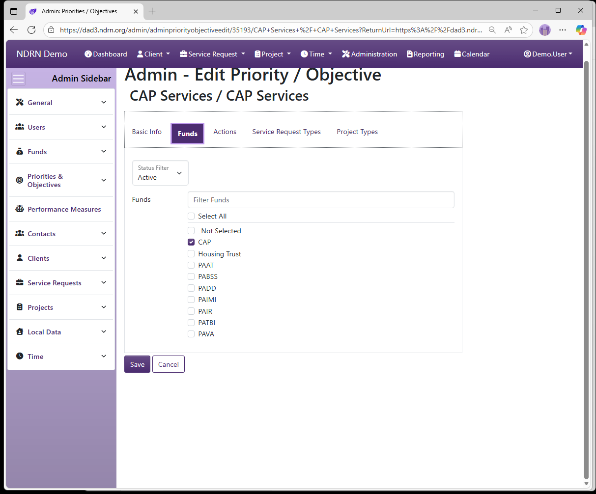 Screenshot of Priorities & Objectives Priorities & Objectives Form Funds tab