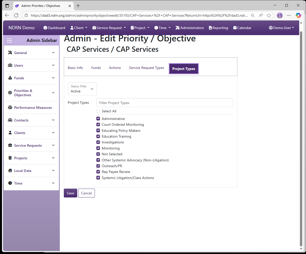 Screenshot of Priorities & Objectives Priorities & Objectives Form Project Types tab