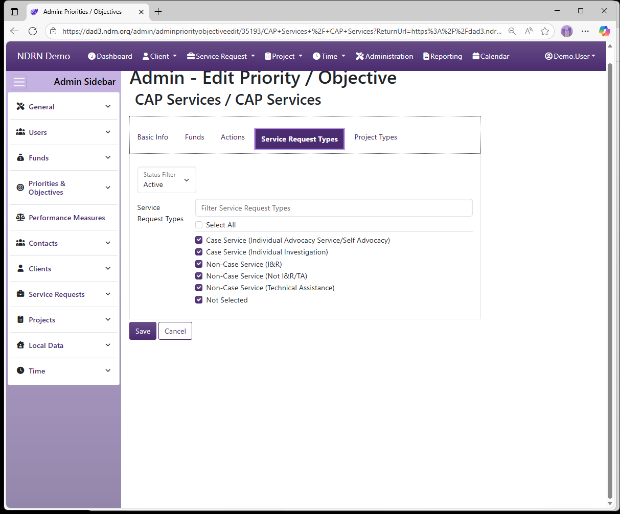 Screenshot of Priorities & Objectives Priorities & Objectives Form Service Request Types tab
