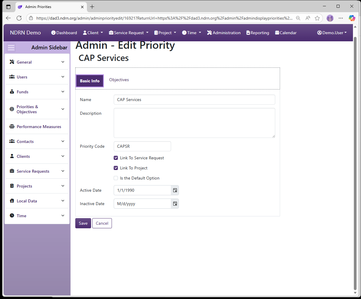 Screenshot of Priorities & Objectives Priorities Form Basic Info tab