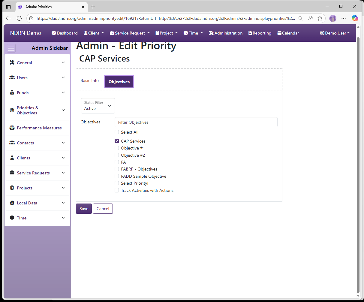 Screenshot of Priorities & Objectives Priorities Form Objectives tab