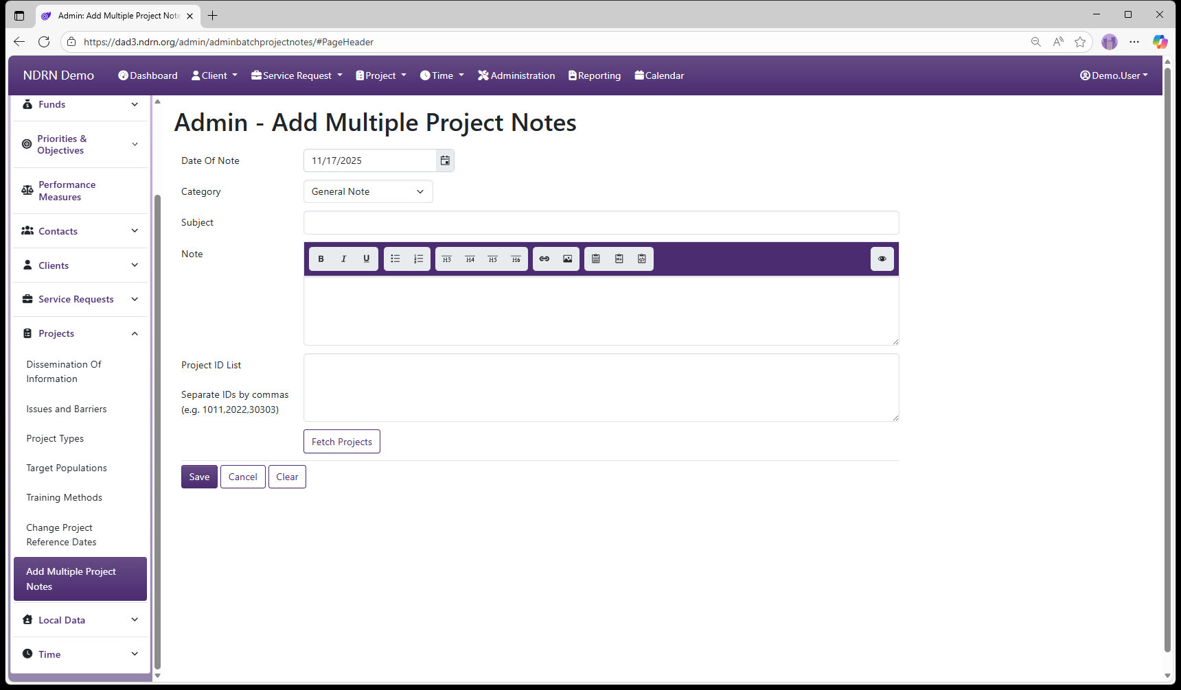 Add Multiple Project Notes admin page screenshot