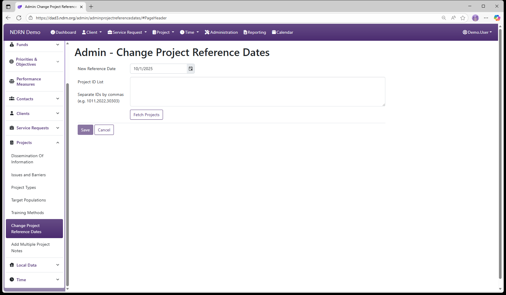 Change Project Reference Dates admin page screenshot