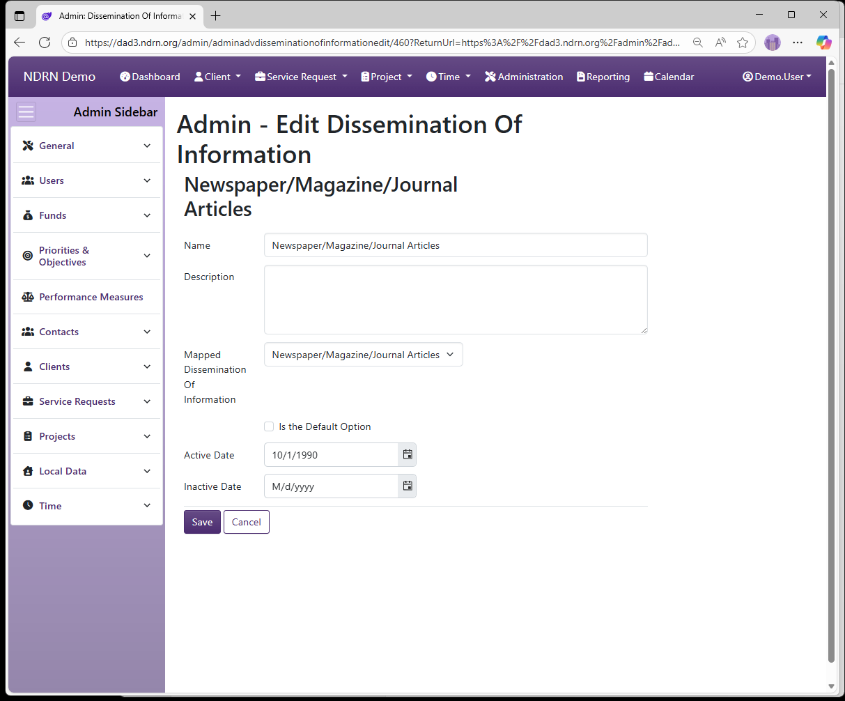 Screenshot of Projects Dissemination Of Information Form