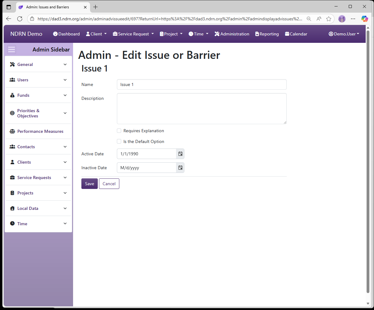 Screenshot of Projects Issues and Barriers Form