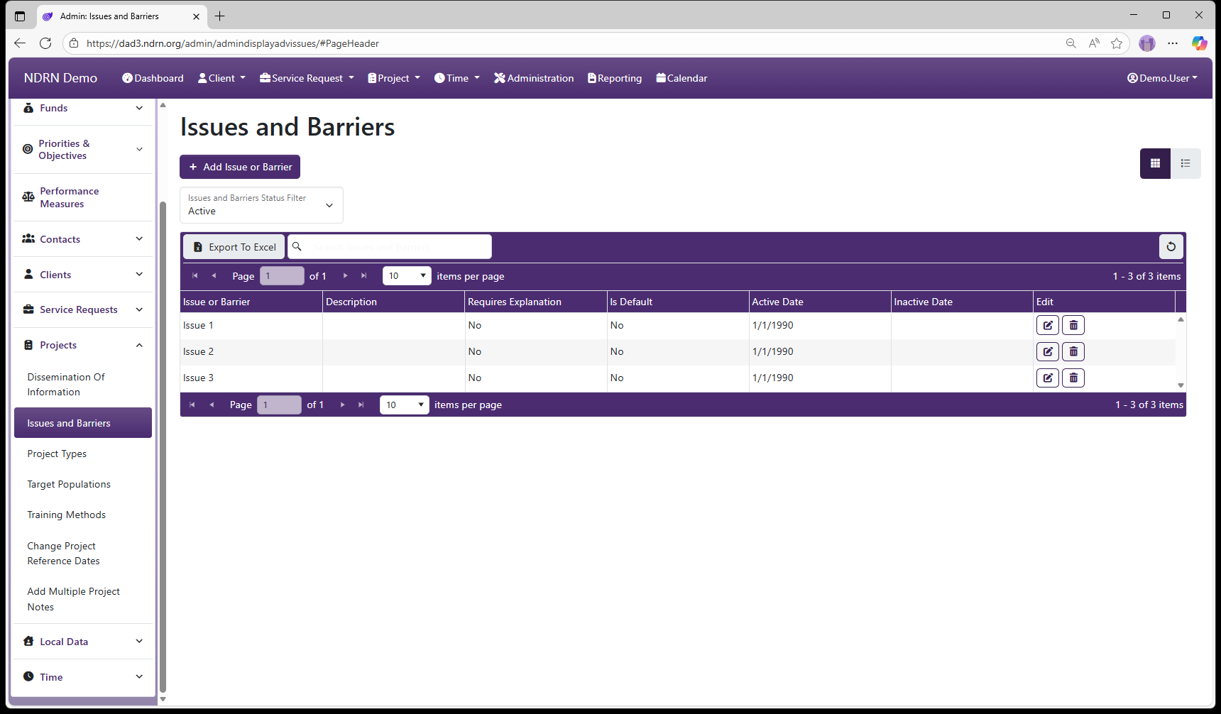 Screenshot of Projects Issues and Barriers