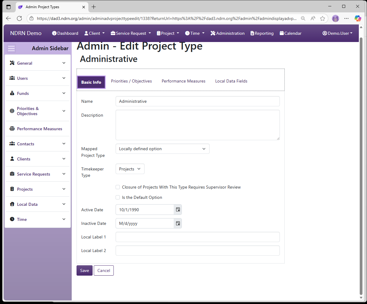 Screenshot of Projects Project Types Form Basic Info tab