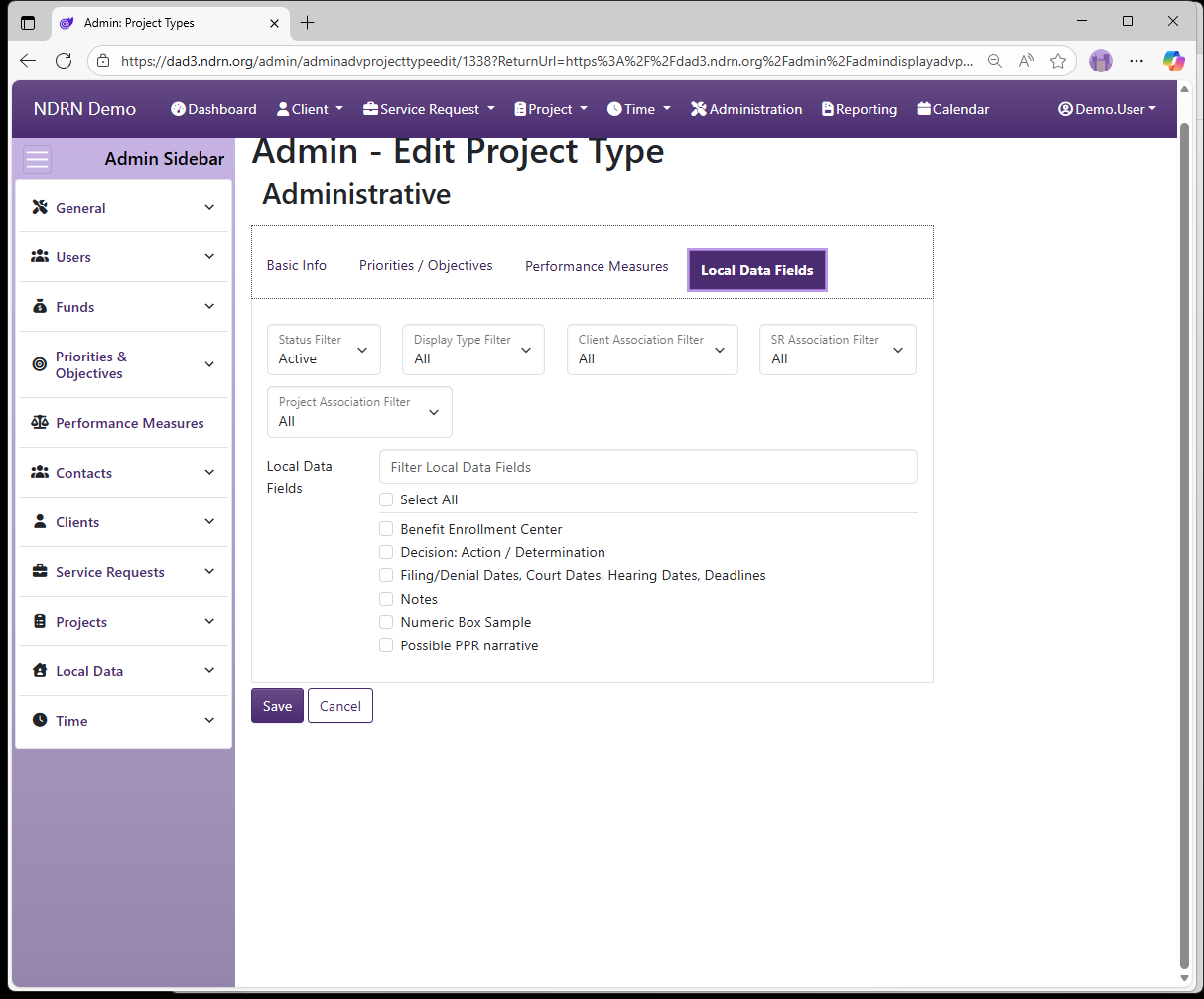 Screenshot of Projects Project Types Form Local Data Fields tab