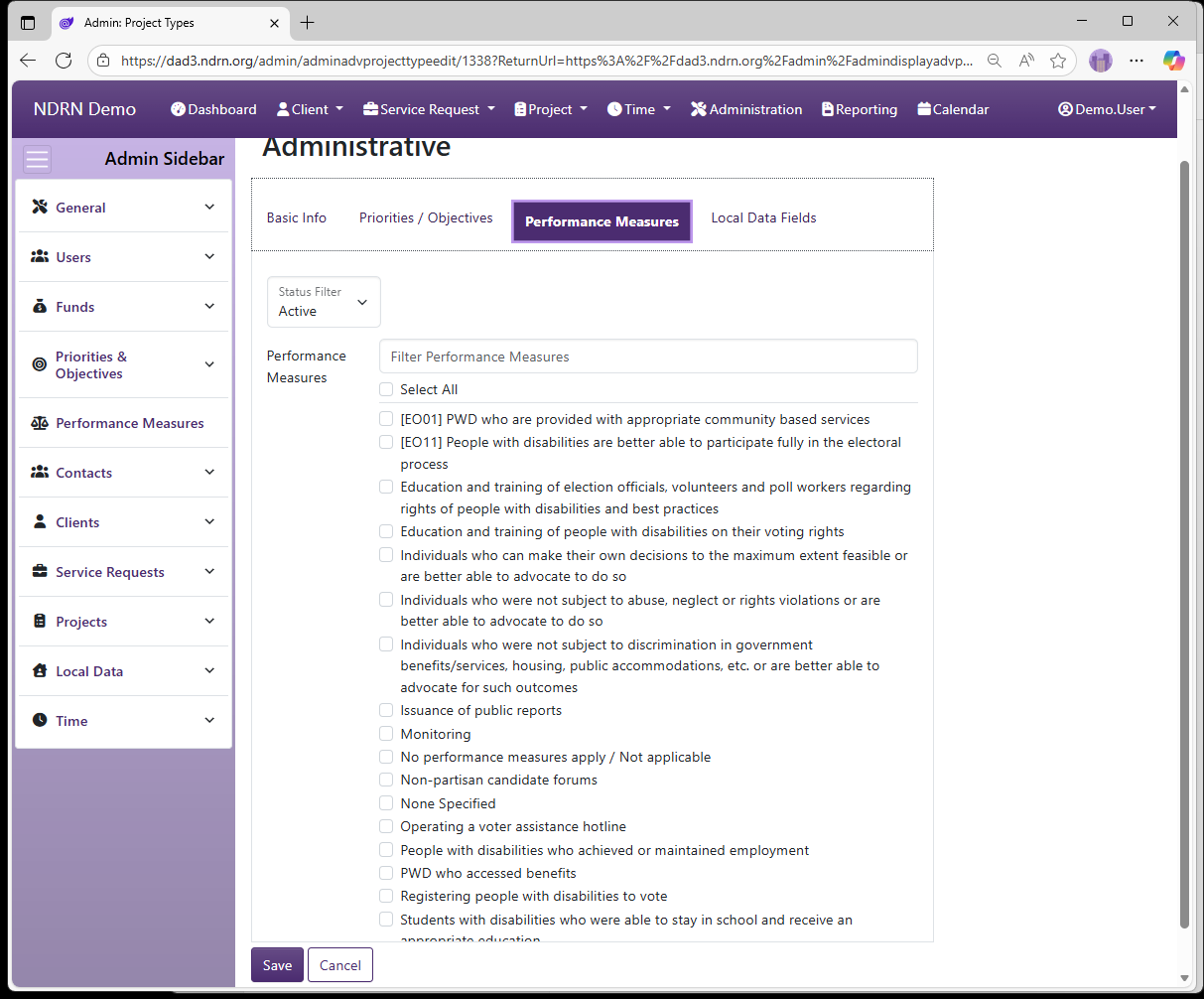 Screenshot of Projects Project Types Form Performance Measures tab