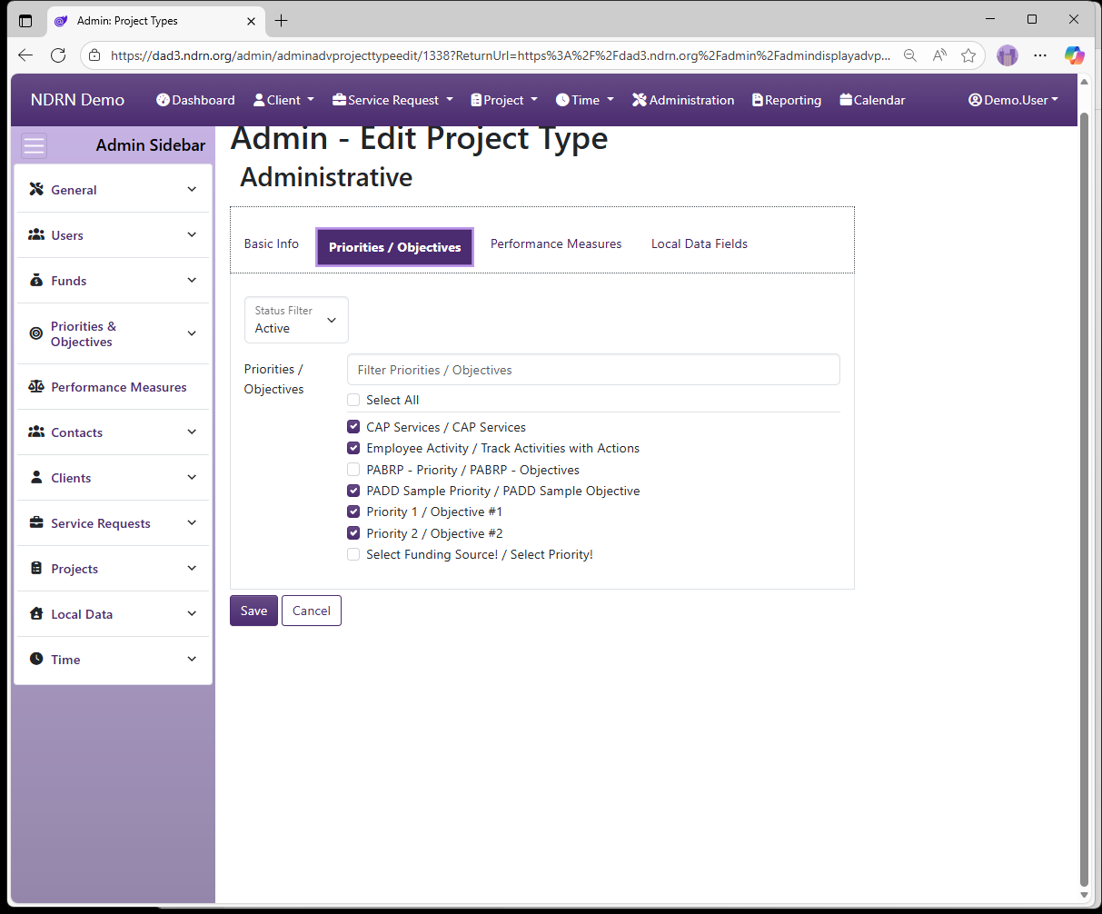 Screenshot of Projects Project Types Form Priorities & Objectives tab