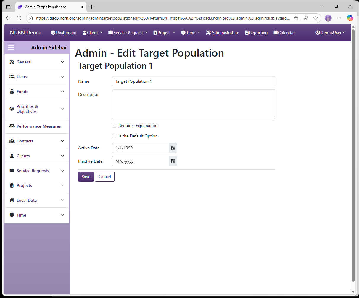 Screenshot of Projects Target Populations Form
