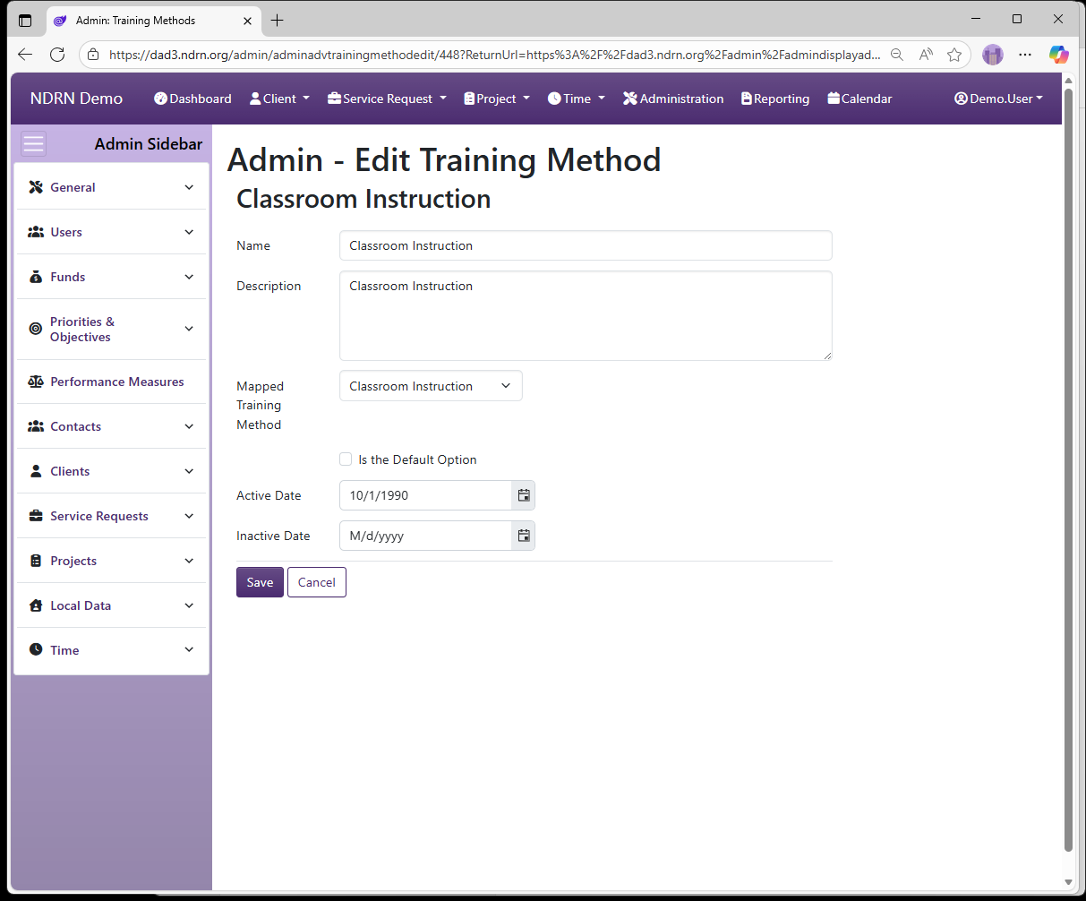 Screenshot of Projects Training Methods Form