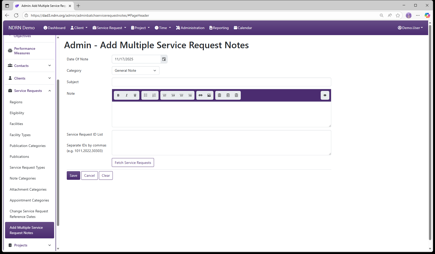 Add Multiple Service Request Notes admin page screenshot
