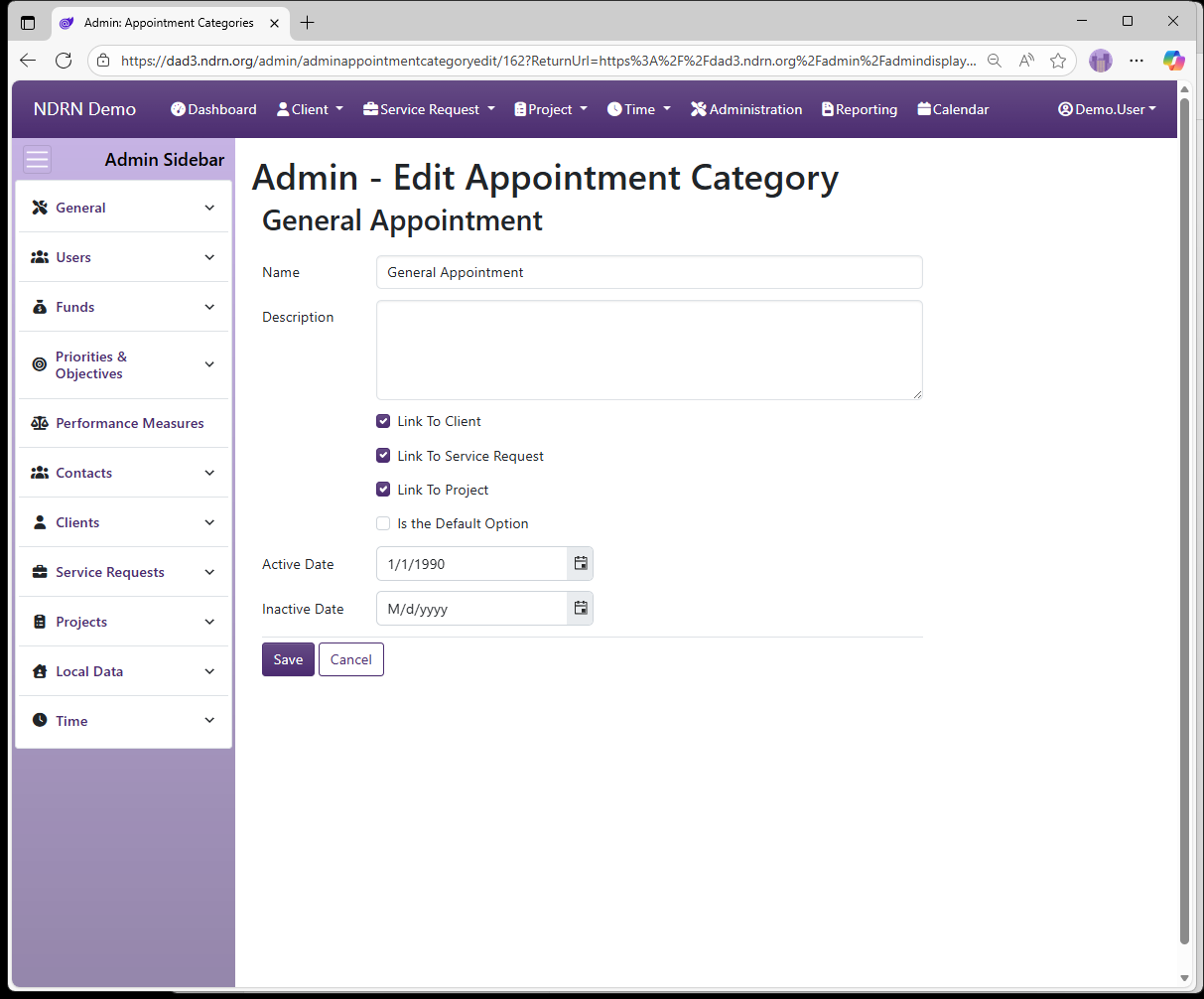 Screenshot of Service Requests Appointment Categories Form
