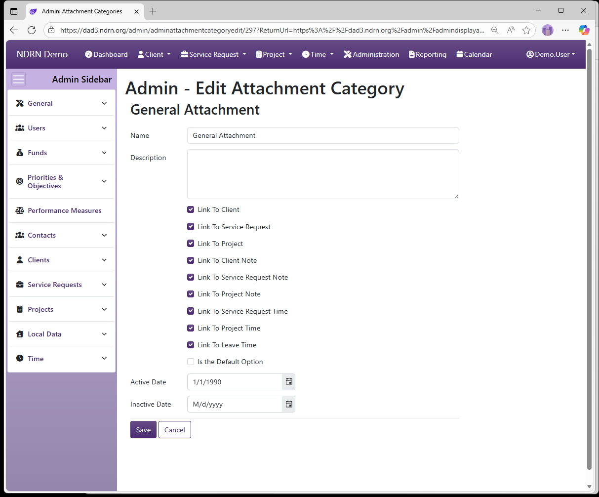 Screenshot of Service Requests Attachment Categories Form