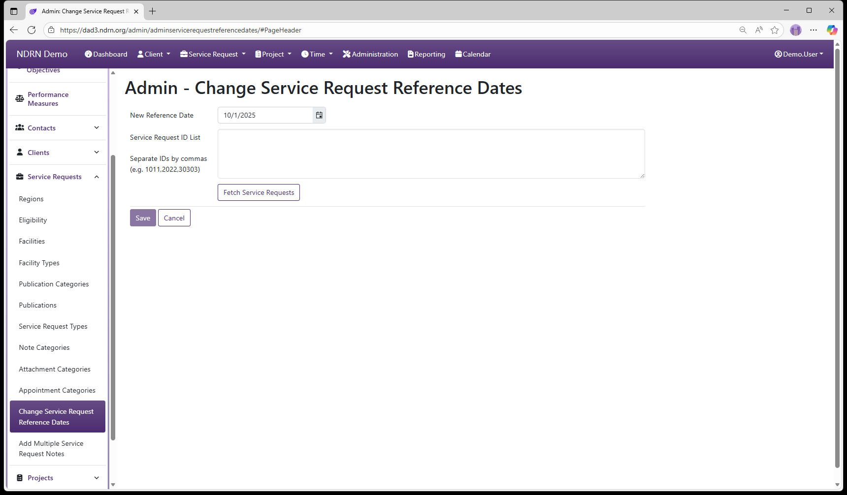 Change Service Request Reference Dates admin page screenshot