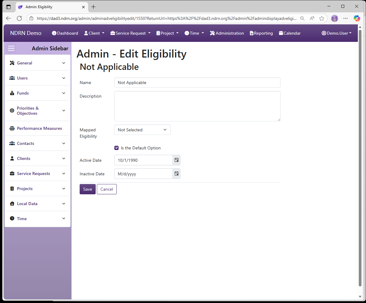 Screenshot of Service Requests Eligibility Form