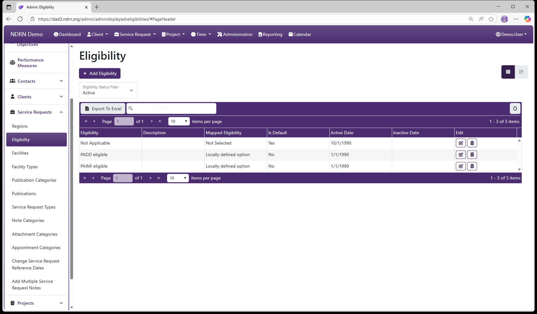Eligibility admin page screenshot