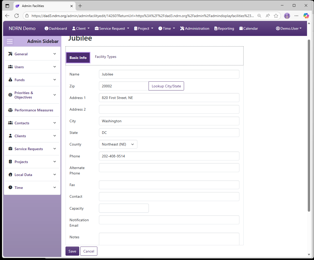 Screenshot of Service Requests Facilities Form Basic Info tab
