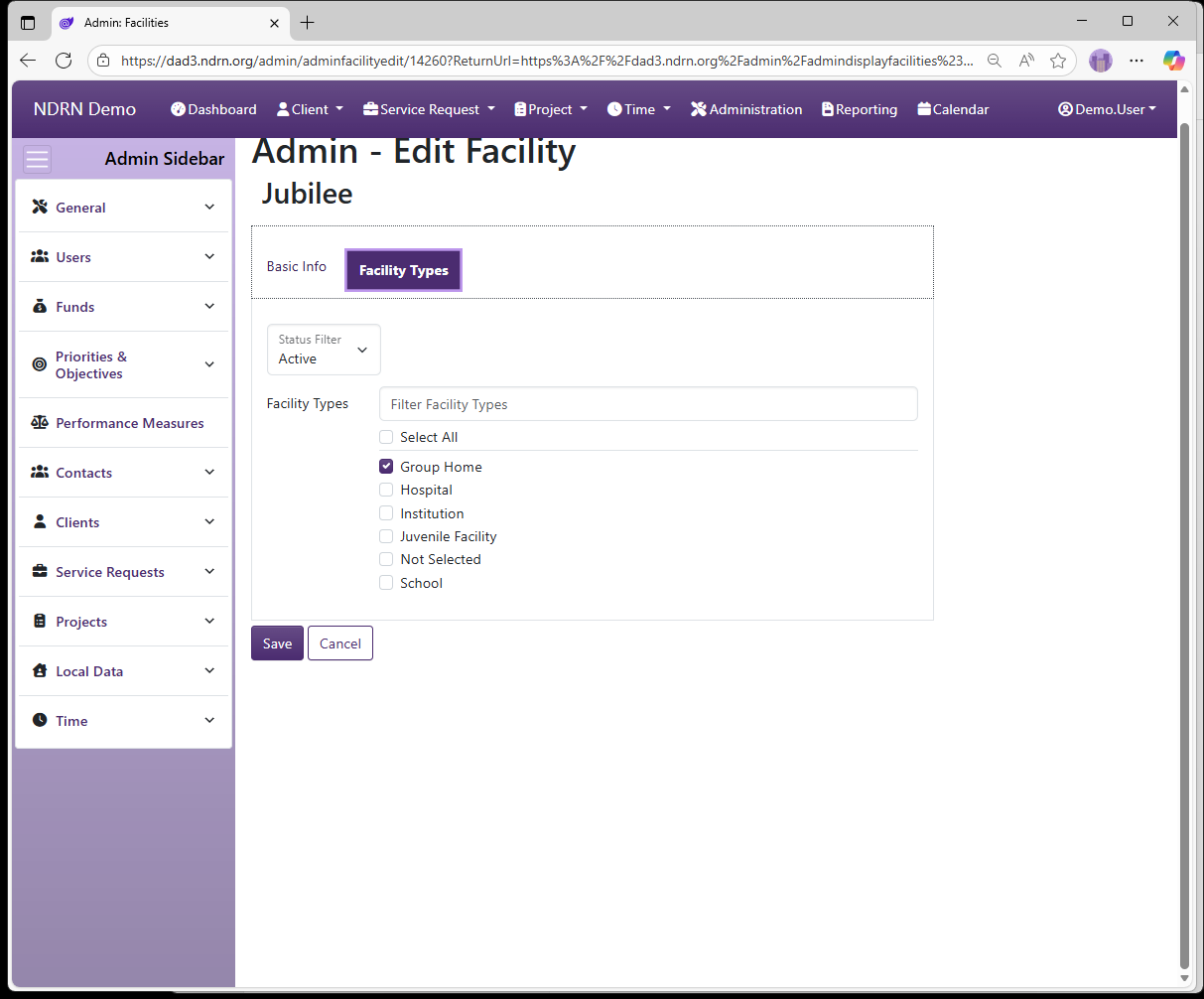 Screenshot of Service Requests Facilities Form Facility Types tab