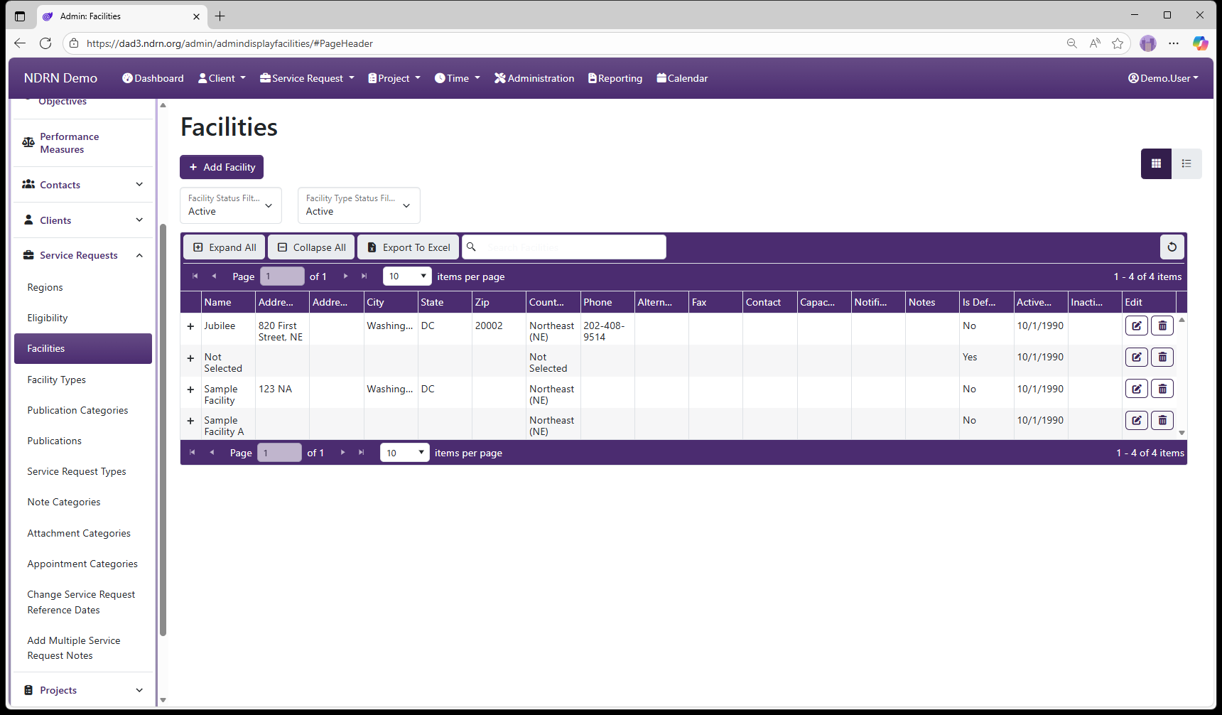 Facilities admin page screenshot