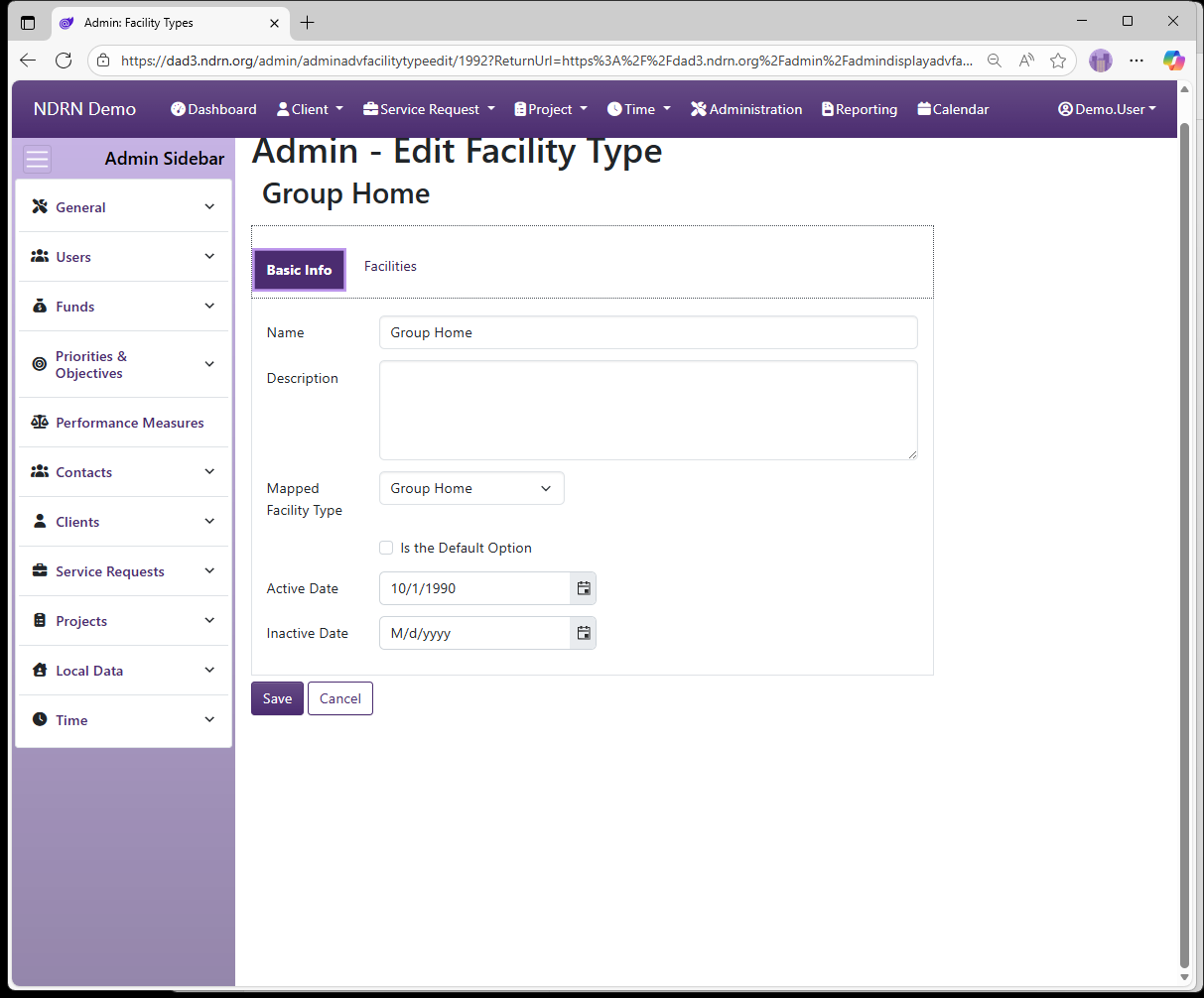 Screenshot of Service Requests Facility Types Form Basic Info tab