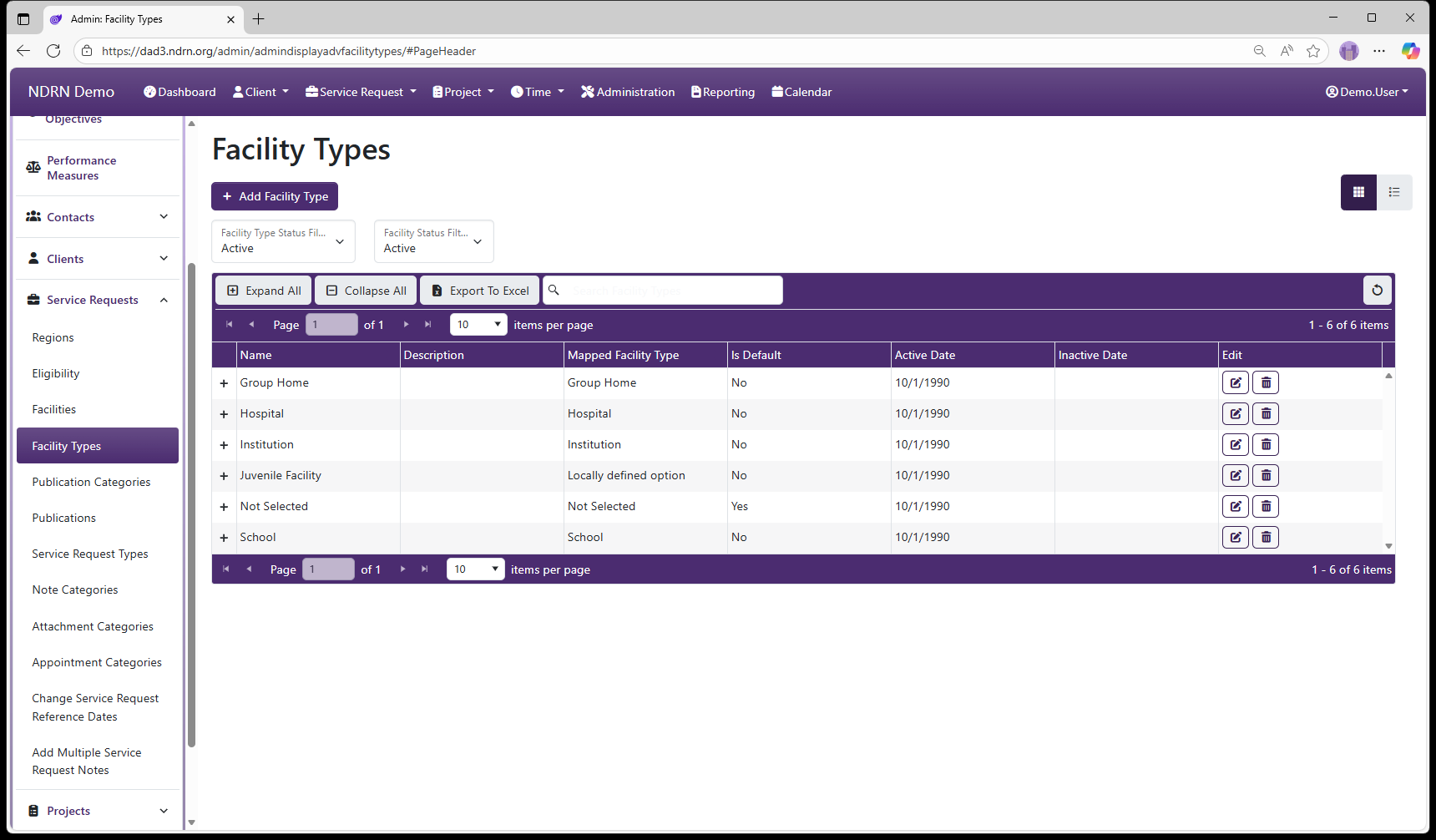Facility Types admin page screenshot
