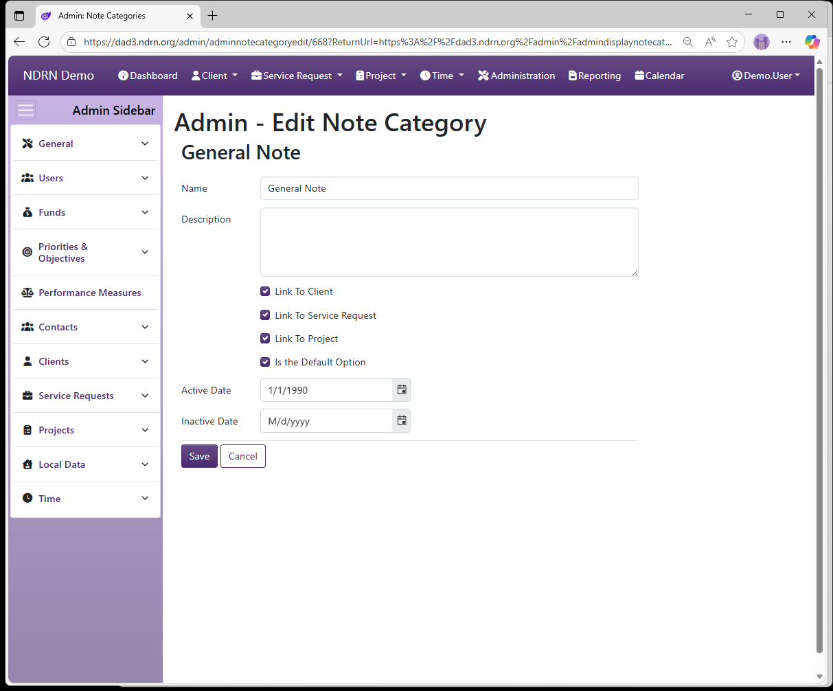 Screenshot of Note Categories Form