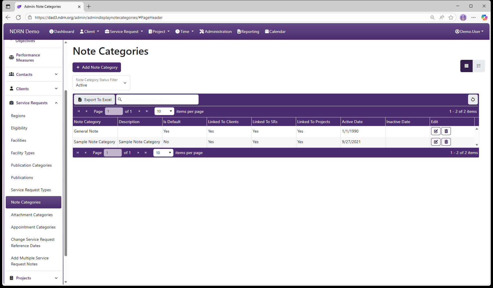 Screenshot of Note Categories page