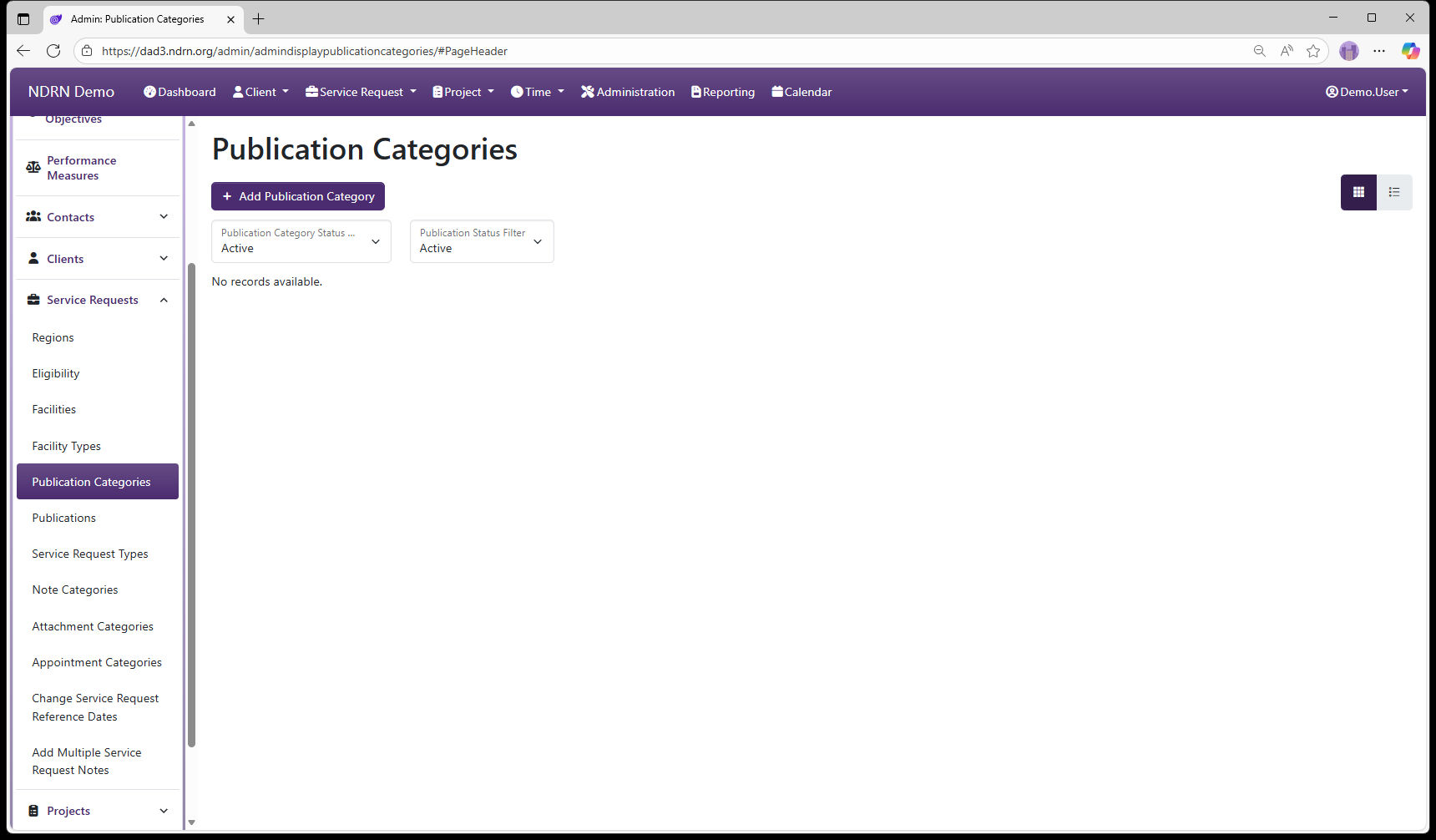 Publication Categories admin page screenshot