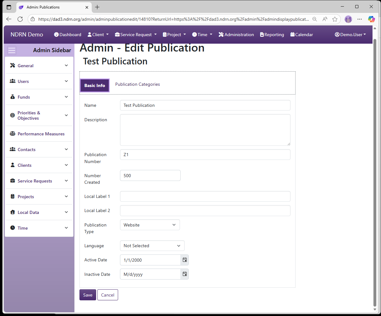 Screenshot of Service Requests Publications Form Basic Info tab