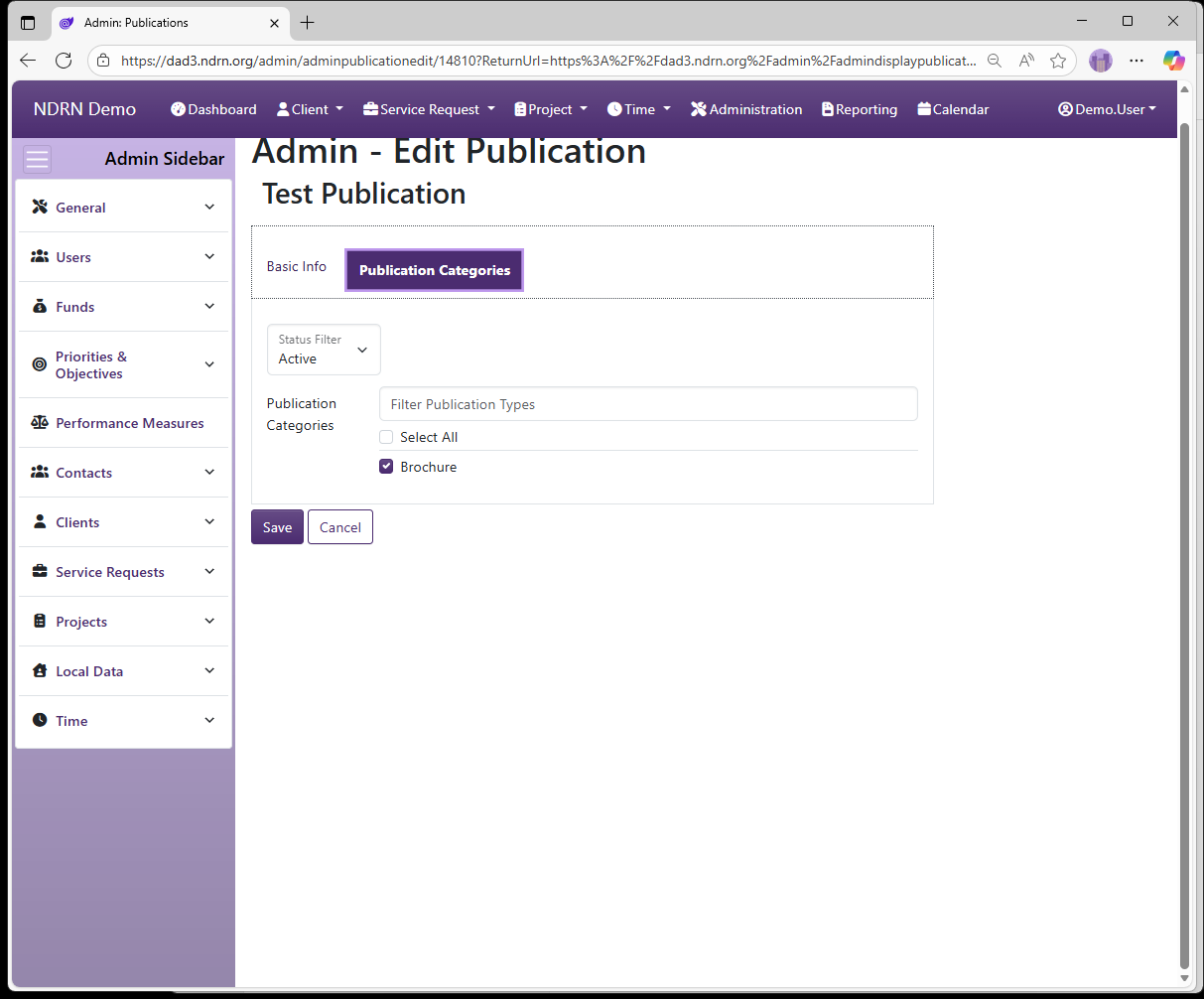 Screenshot of Service Requests Publications Form Publication Categories tab