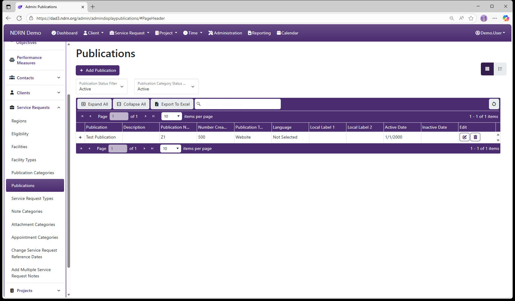 Publications admin page screenshot