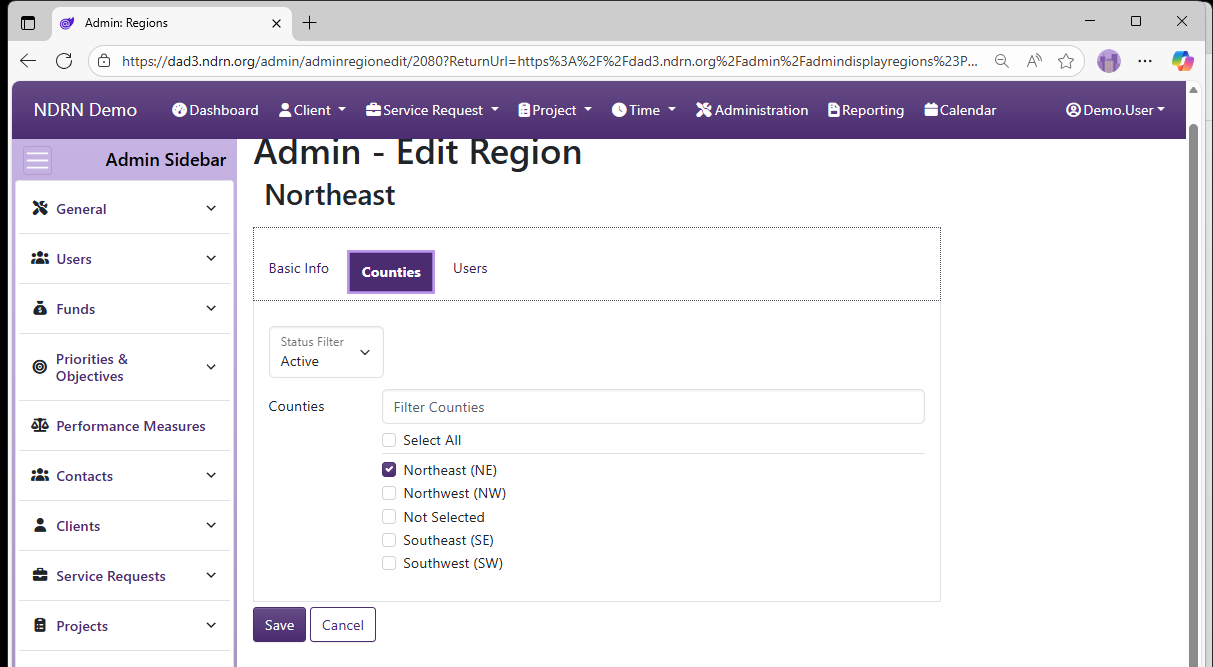 Screenshot of Service Requests Regions Form Counties tab