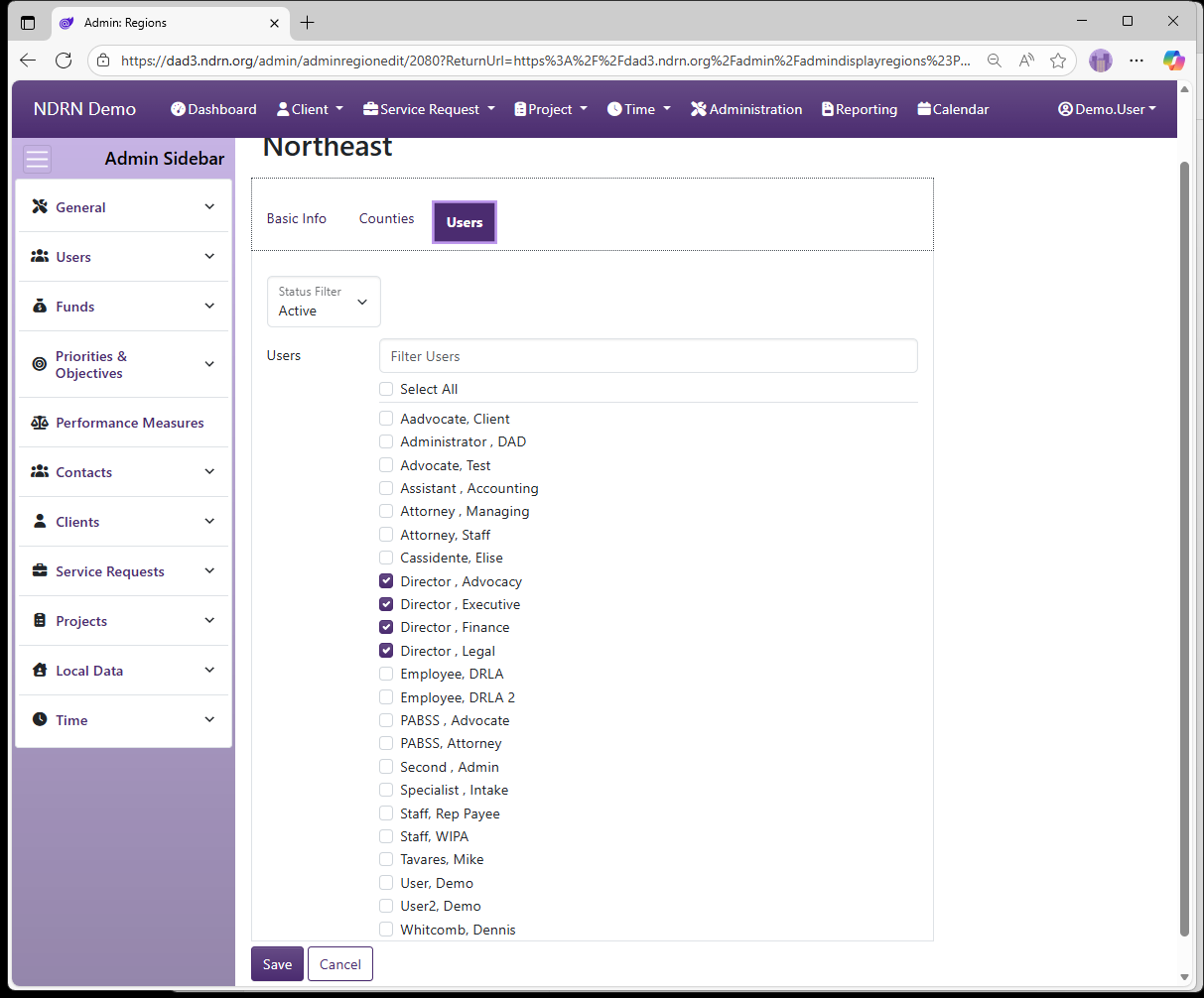 Screenshot of Service Requests Regions Form Users tab