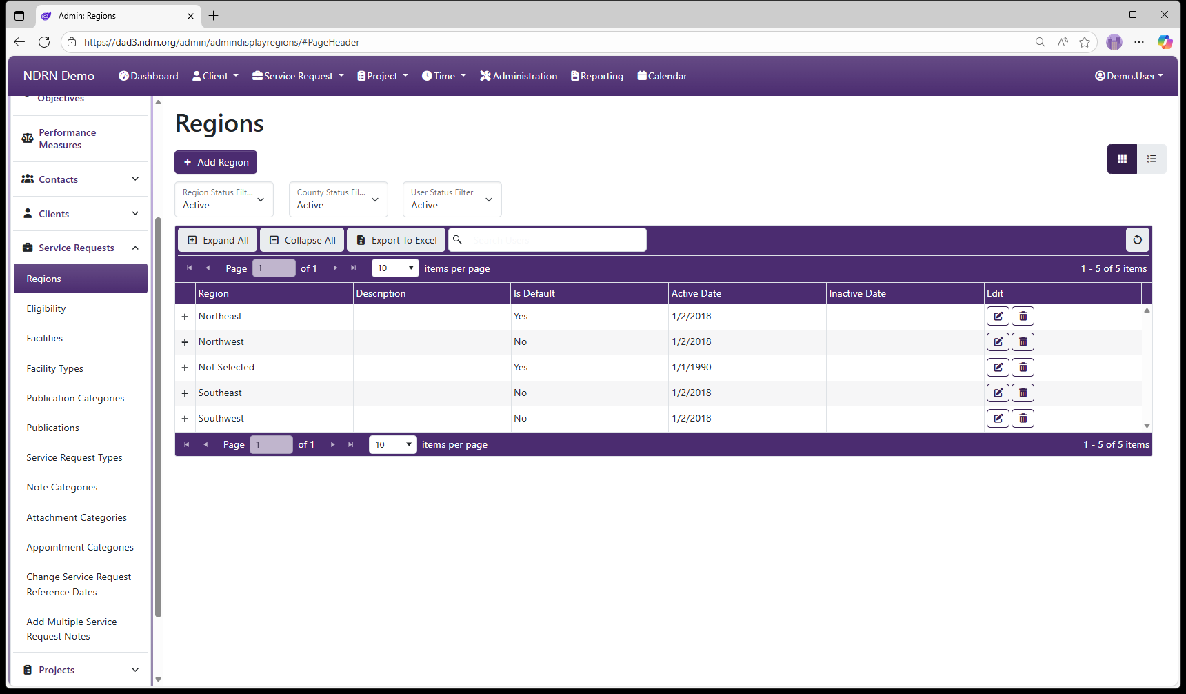 Regions admin page screenshot