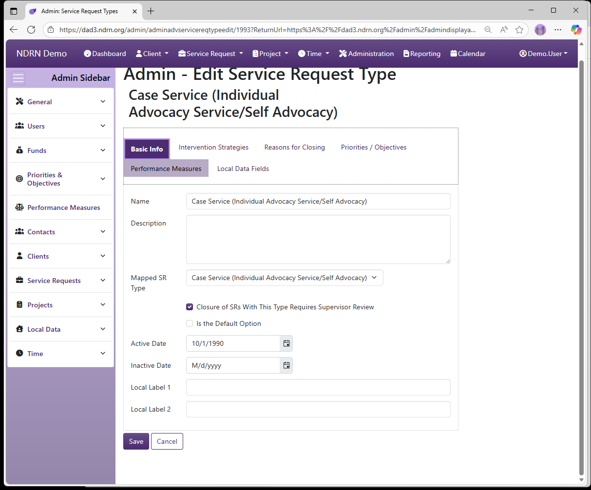 Screenshot of Service Request Types Form Basic Info tab