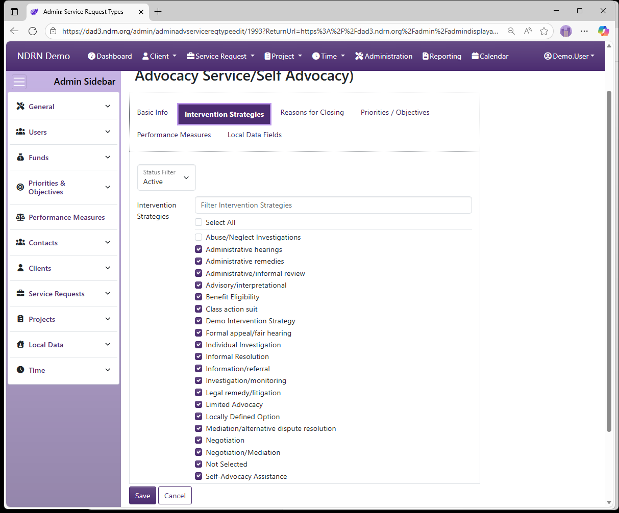 Screenshot of Service Request Types Form Intervention Strategies tab