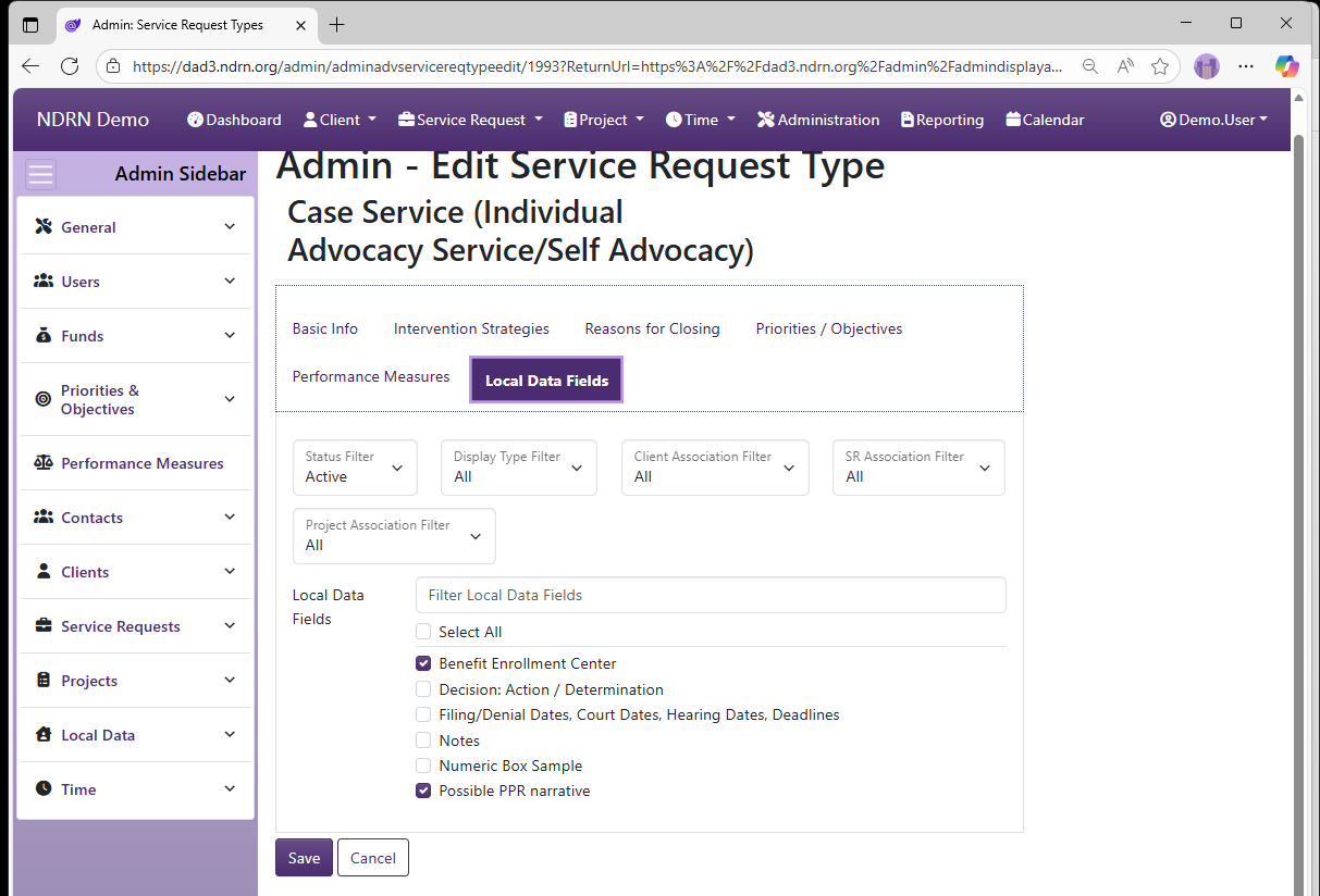 Screenshot of Service Request Types Form Local Data Fields tab