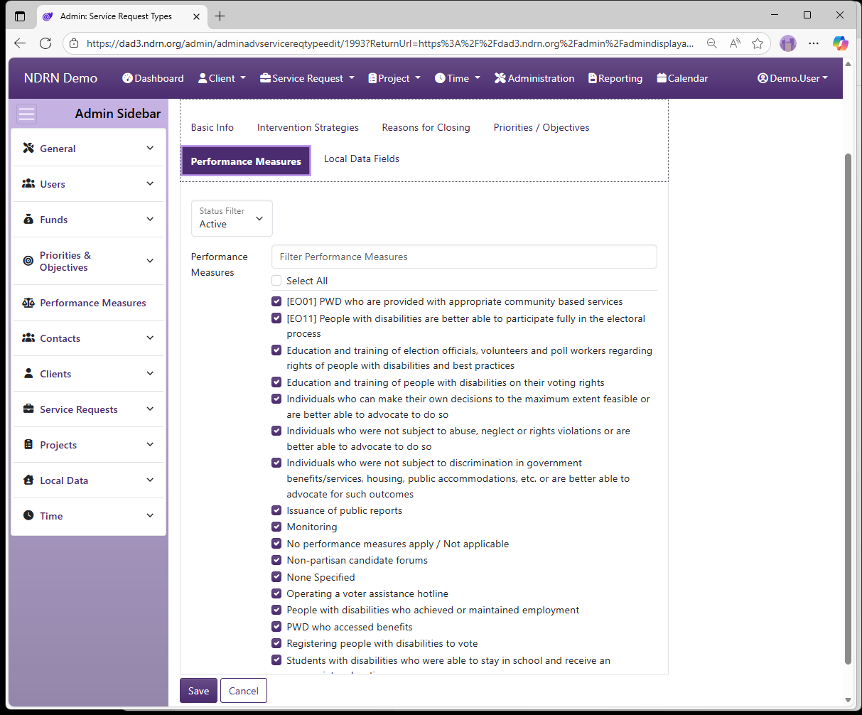 Screenshot of Service Request Types Form Performance Measures tab