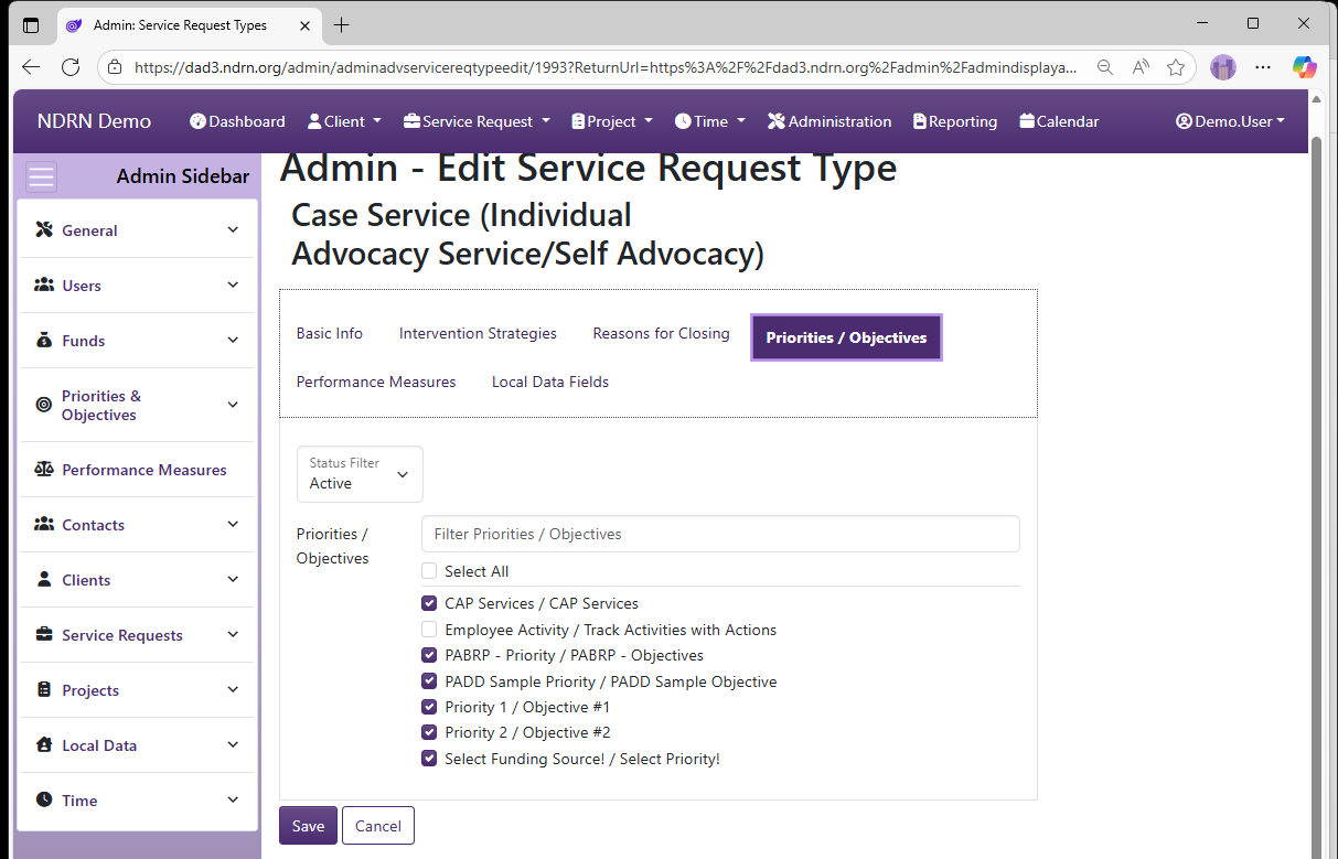Screenshot of Service Request Types Form Priorities & Objectives tab