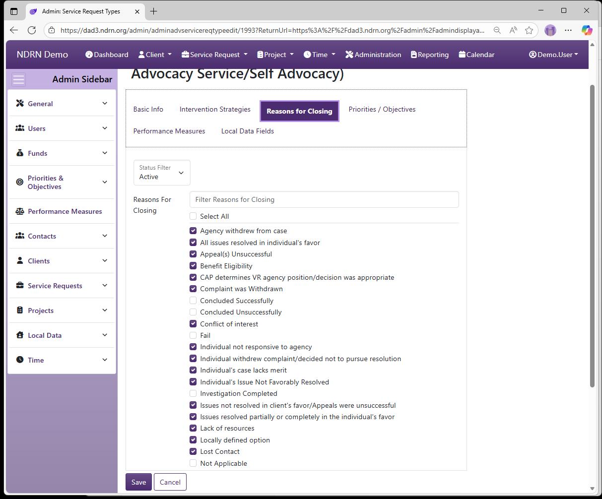 Screenshot of Service Request Types Form Reasons for Closing tab