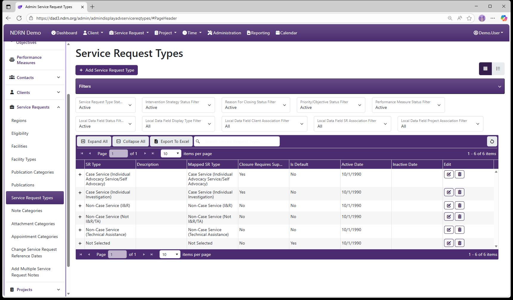 Service Request Types admin page screenshot
