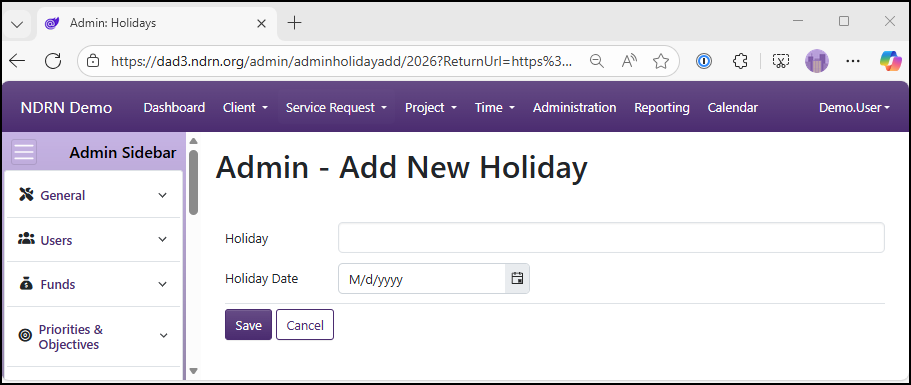 Add New Holiday form screenshot