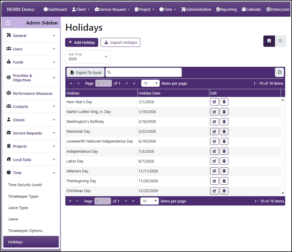 Holidays admin page screenshot