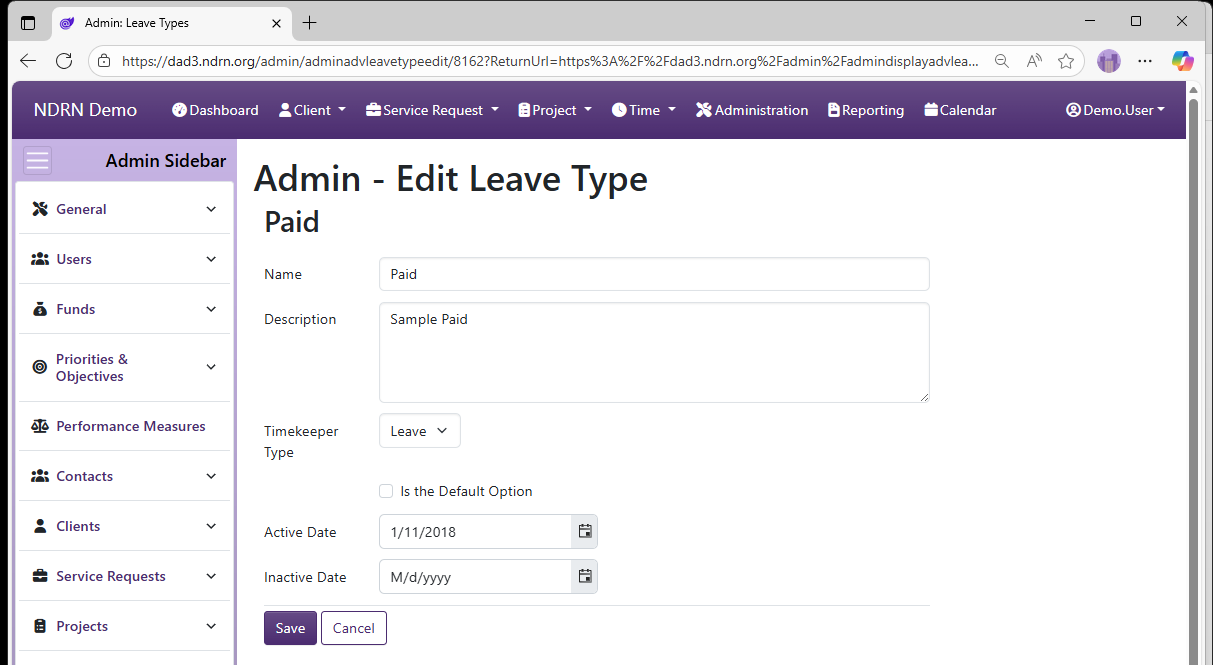 Screenshot of Time Leave Types Form