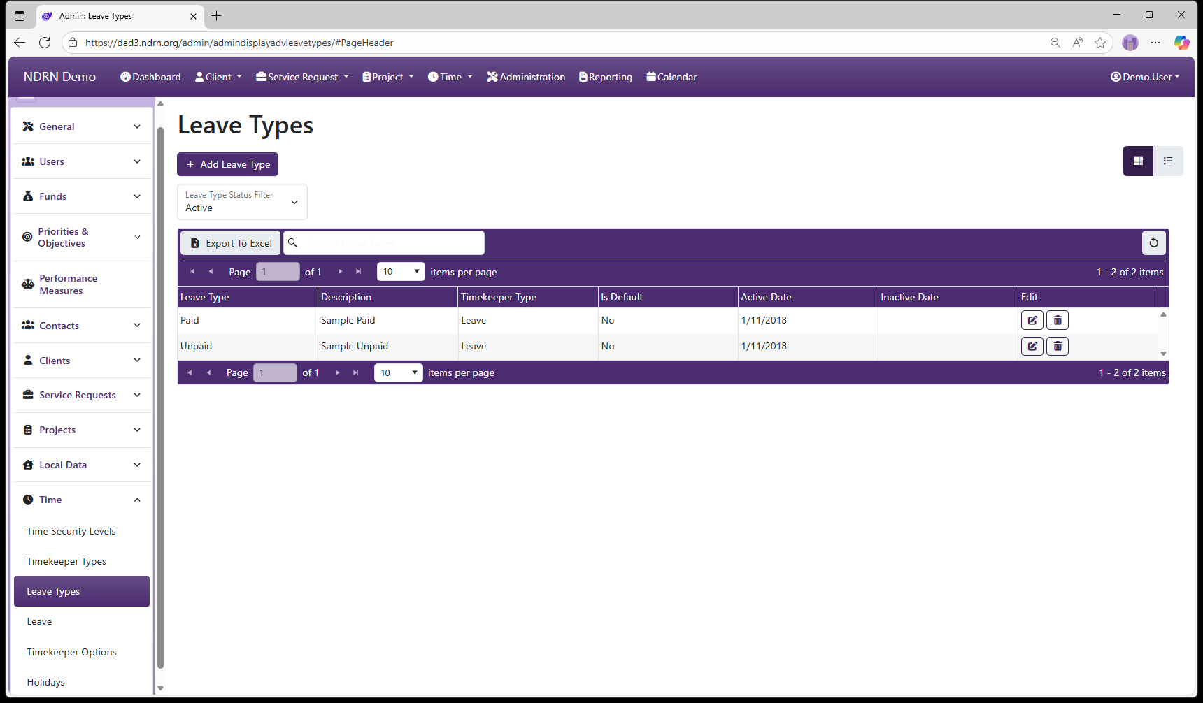 Leave Types admin page screenshot