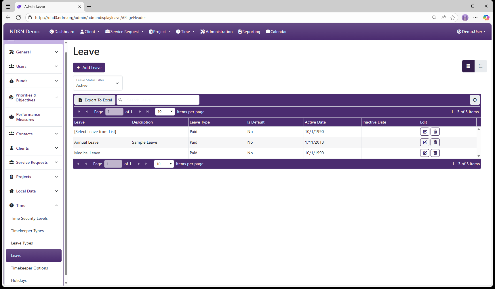 Leave admin page screenshot