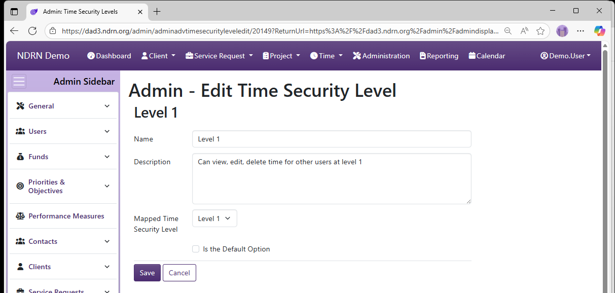 Screenshot of Time Time Security Levels Form